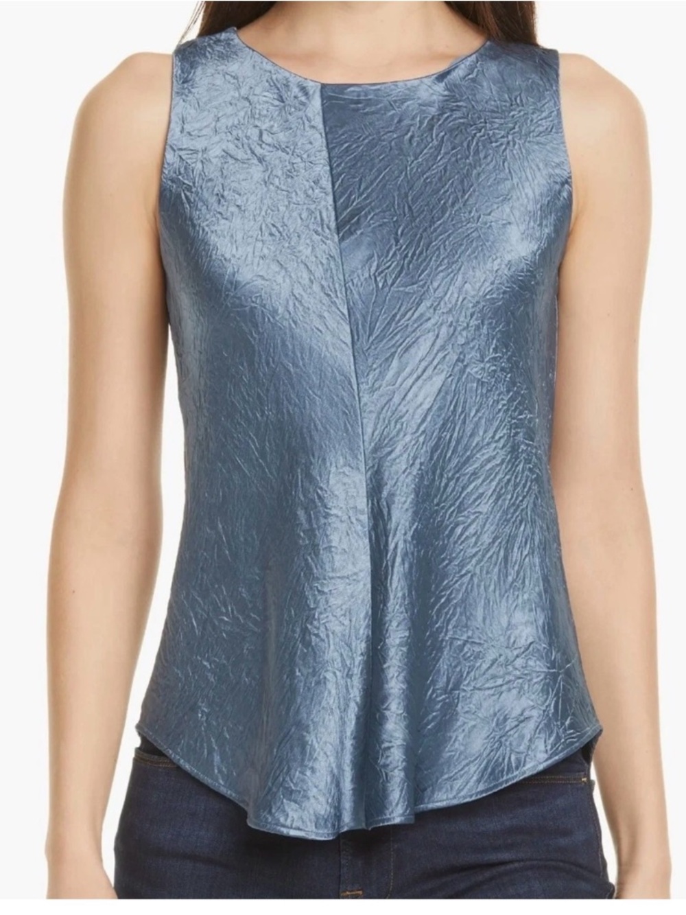 Vince Sleeveless Crinkle Satin Tank Top in Steel Blue